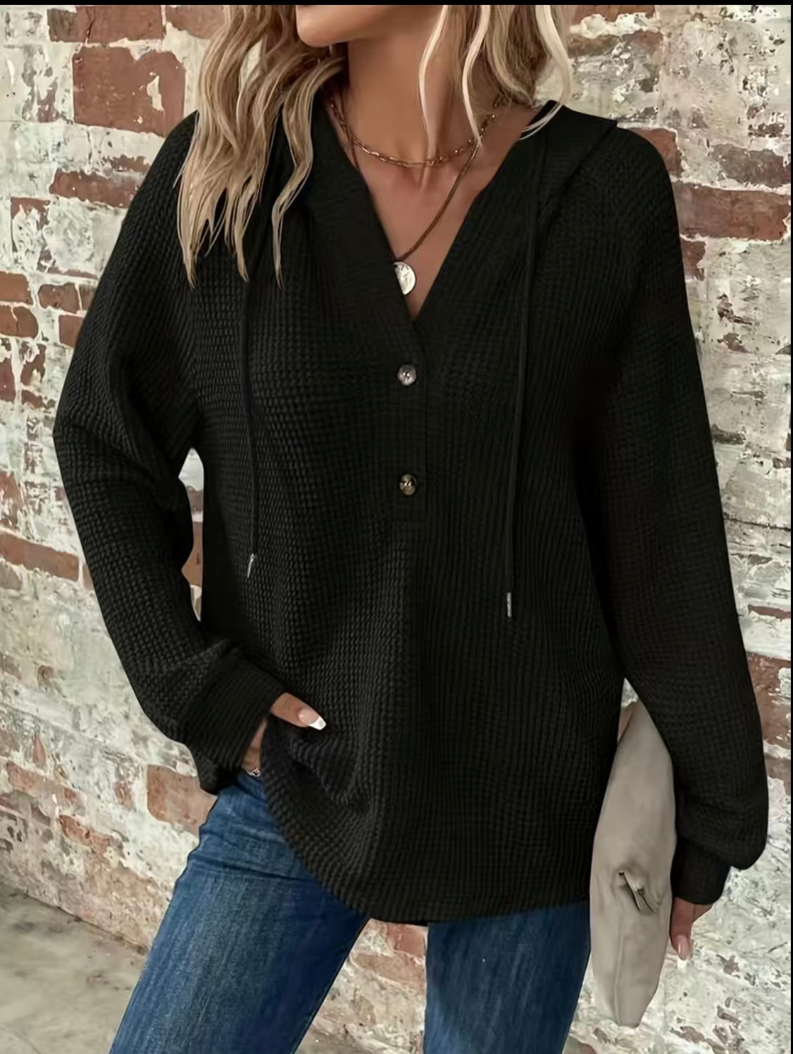 Waffle Hoodie + Notch Neck Sweater